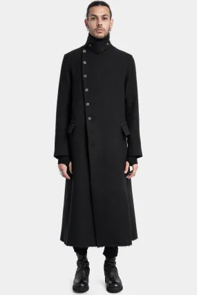 Asymmetrical buttoned high neck wool coat