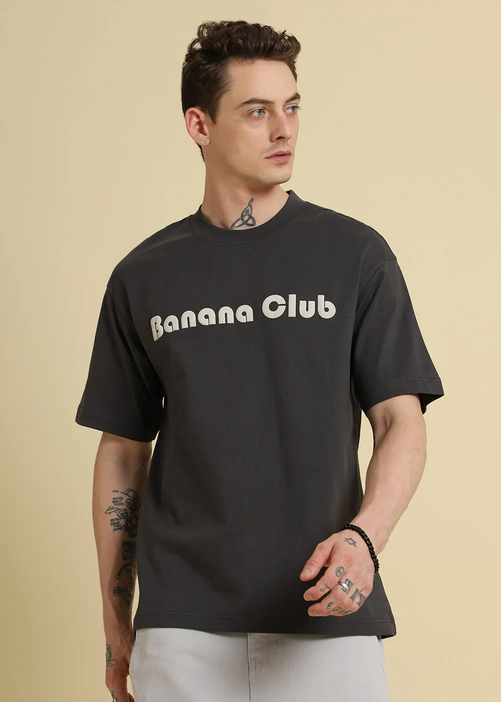 Banana Club Embossed Grey Oversized Fit T-shirt