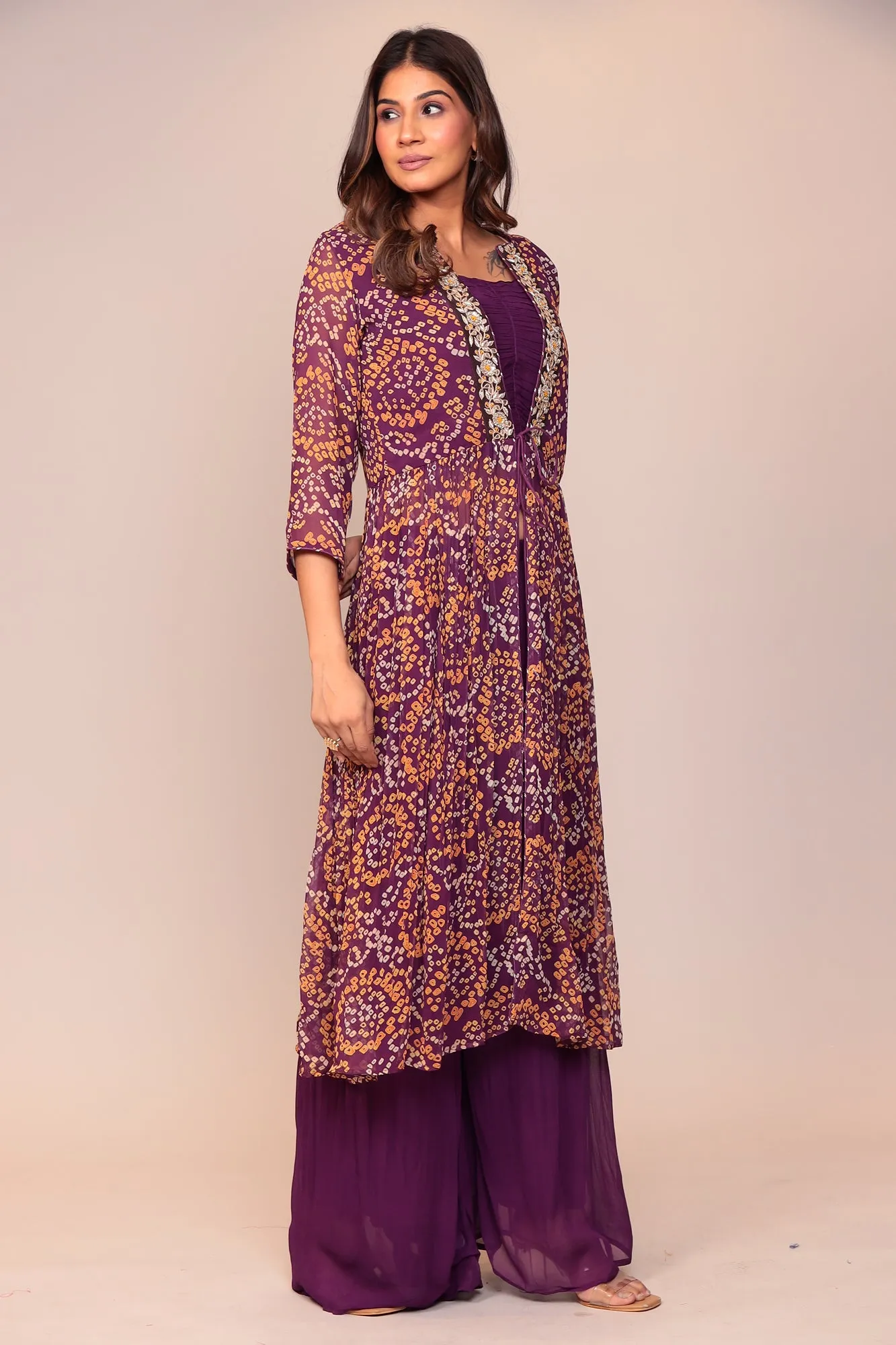 Bandhej Georgette Jacket Style Suit with Gota Patti and Thread work.