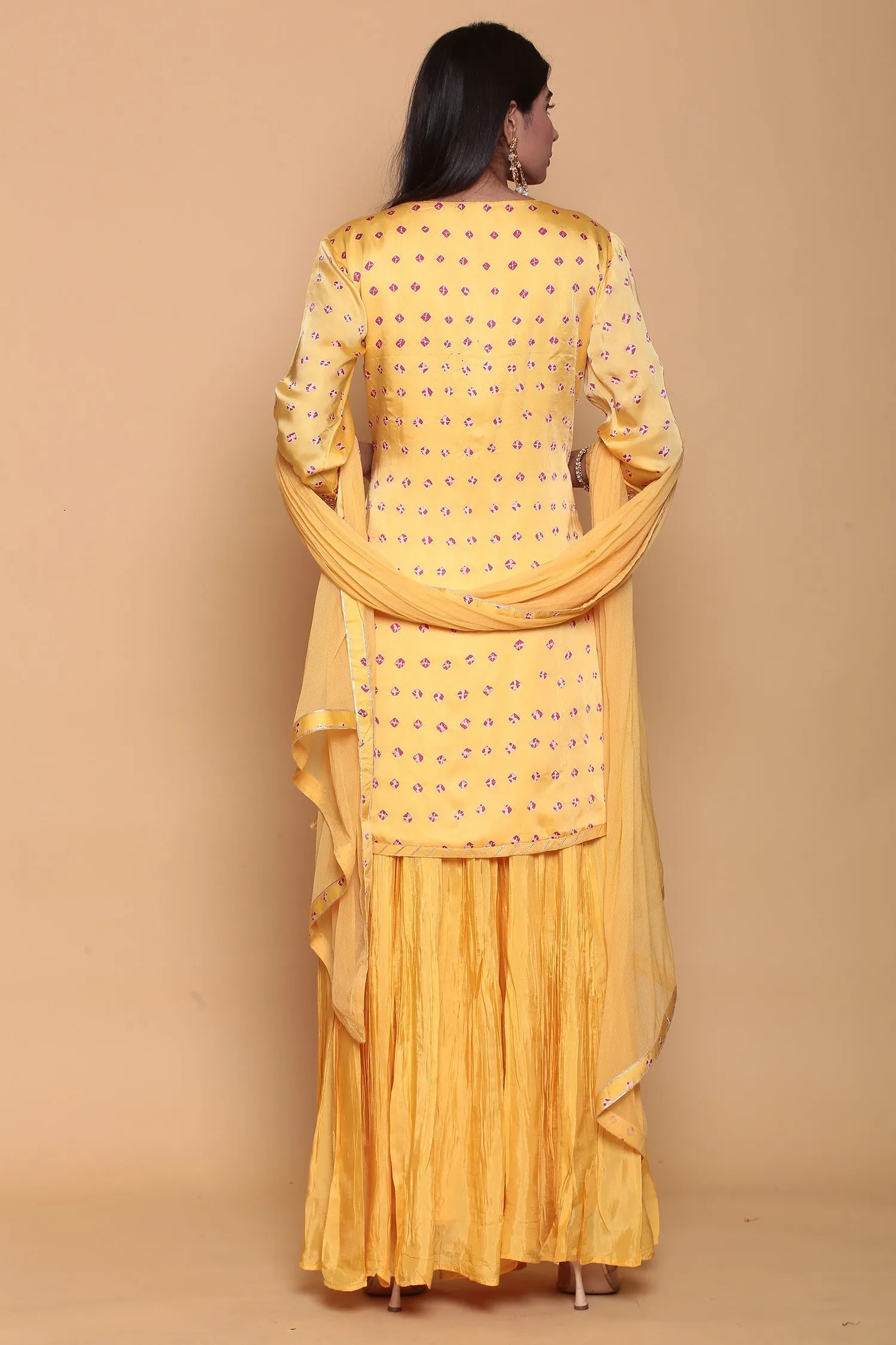 Bandhej Satin silk Suit  with Gota work.