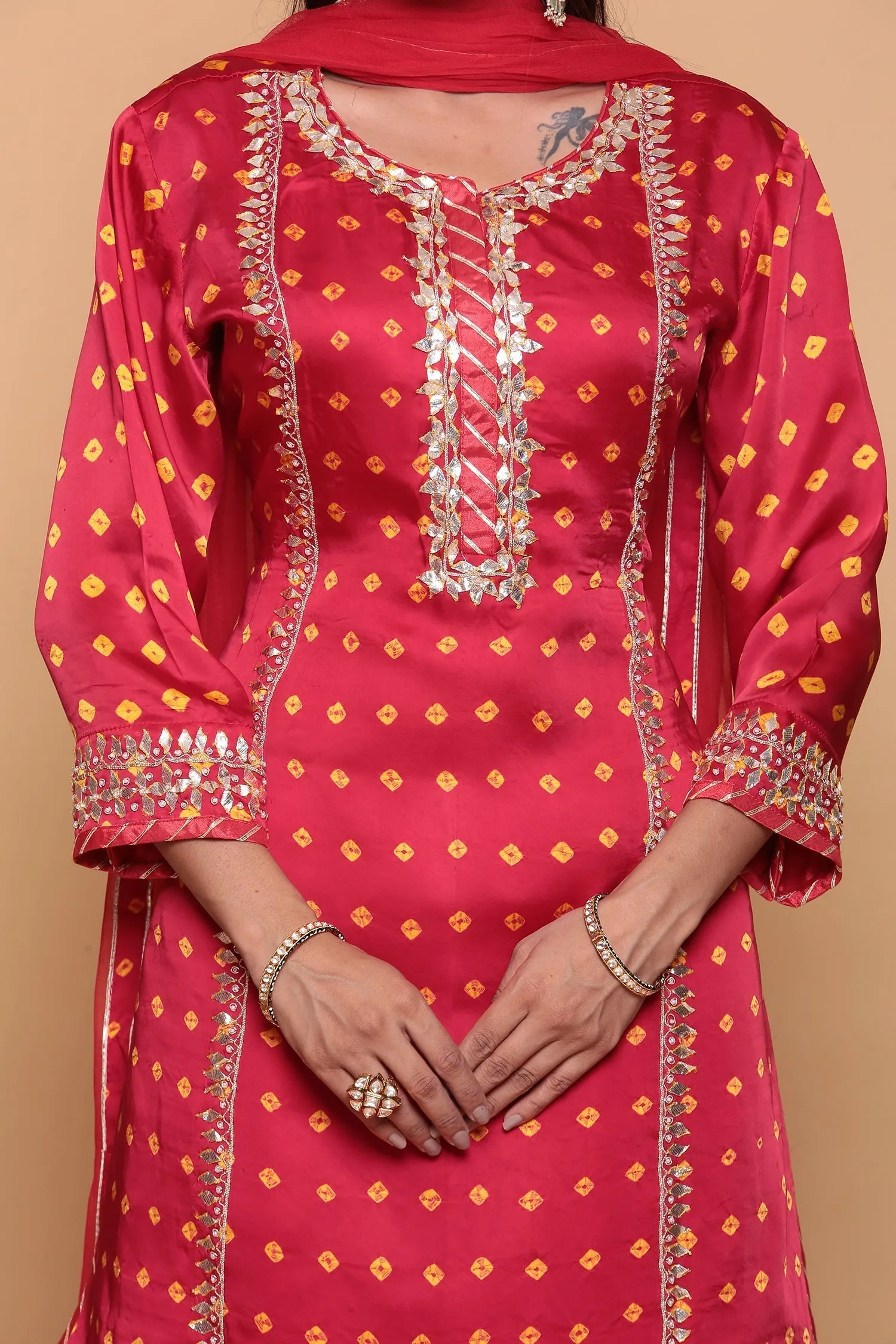 Bandhej Satin silk Suit  with Gota work.