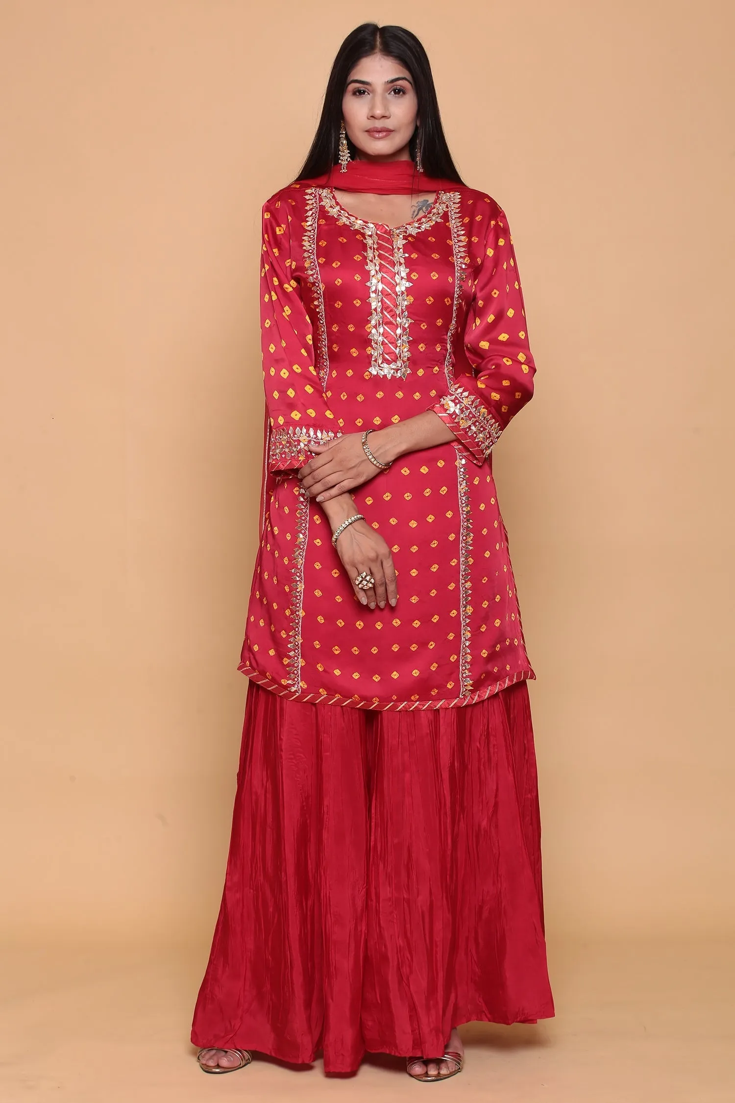 Bandhej Satin silk Suit  with Gota work.