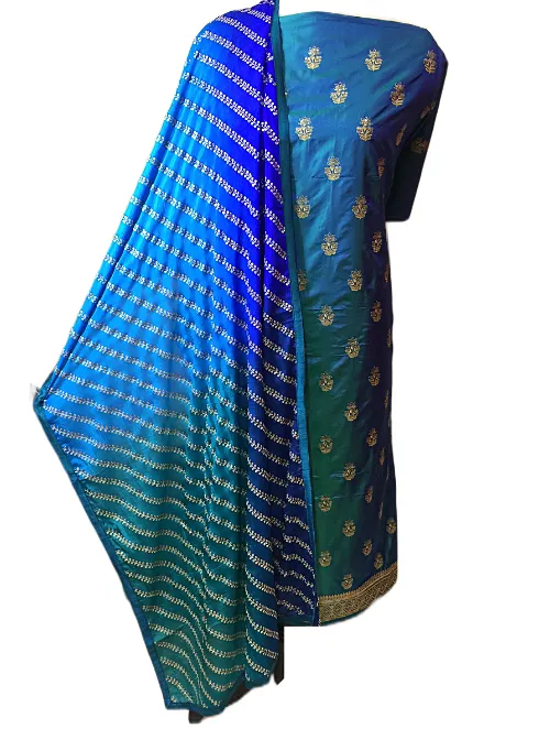 Blue Pure Silk Unstitched Suit with Embroidery