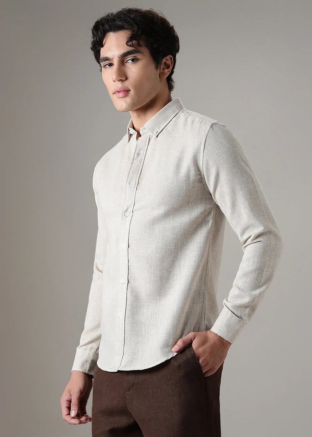 Brown Beige Blended Linen Shirt