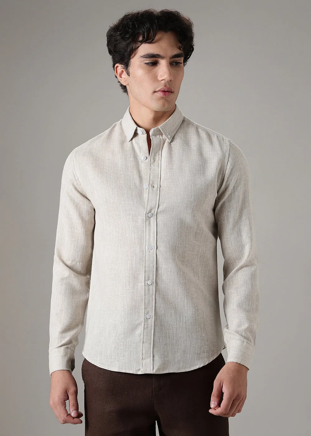 Brown Beige Blended Linen Shirt