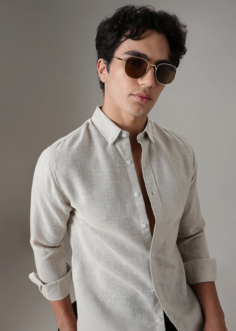 Brown Beige Blended Linen Shirt