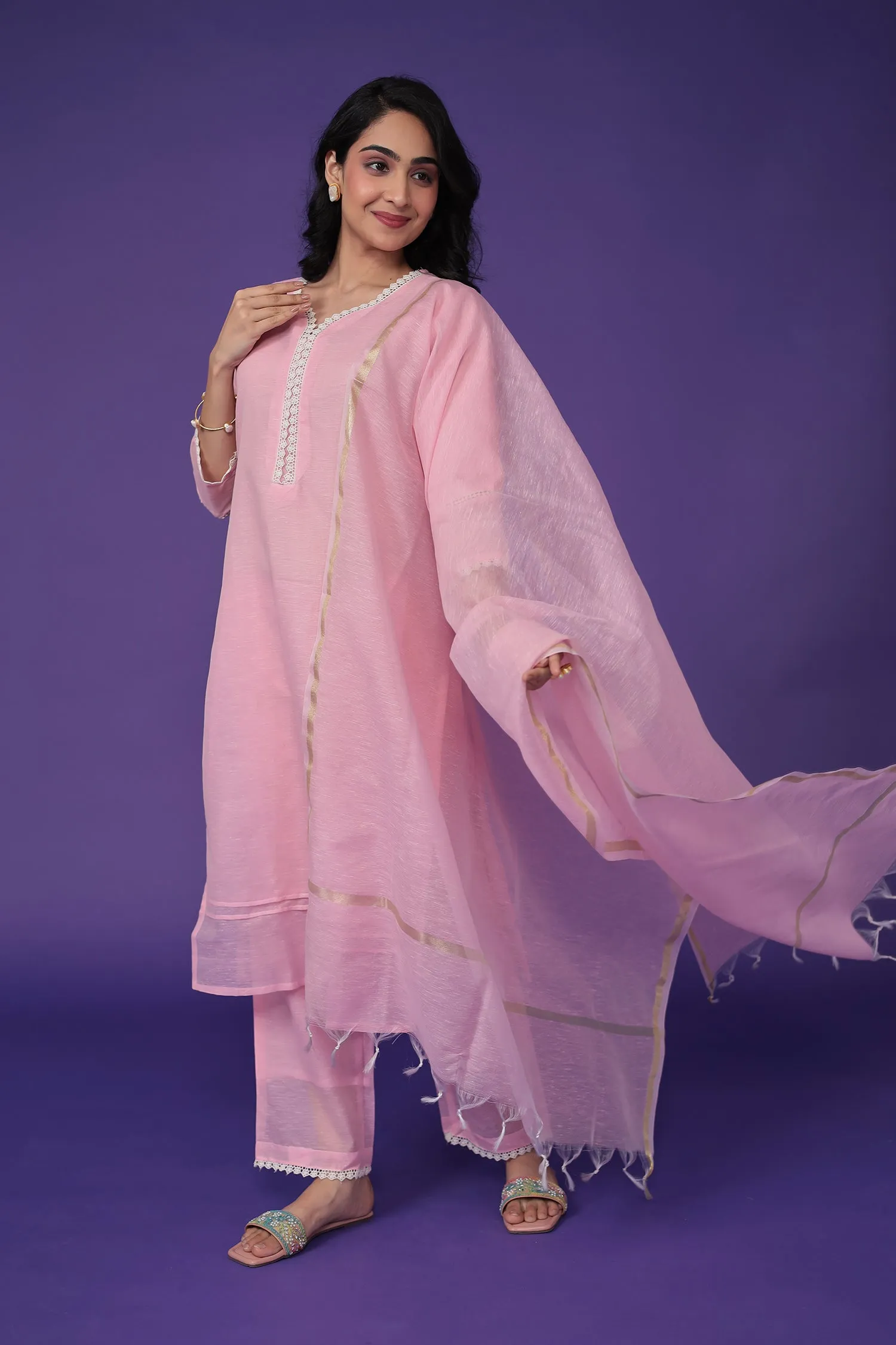 Chanderi Kurta Set Stitched with Embroidered work