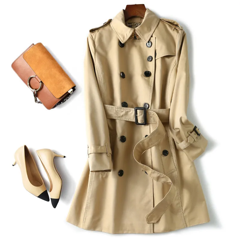 Classic Double Breasted Turtle Neck Women's Beige Trench Coat