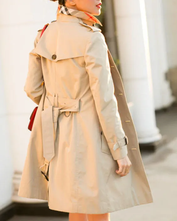 Classic Double Breasted Turtle Neck Women's Beige Trench Coat