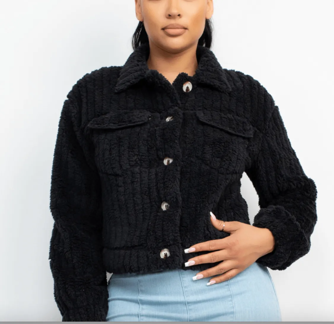 Collared Button Fuzzy Button Up Jacket IJ99309