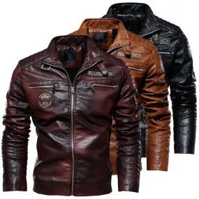 Men Leather Jacket Fleece Lining PU Leather Coat Plus Size Gents Lapel Embroidery Blazer Jacket | 6693