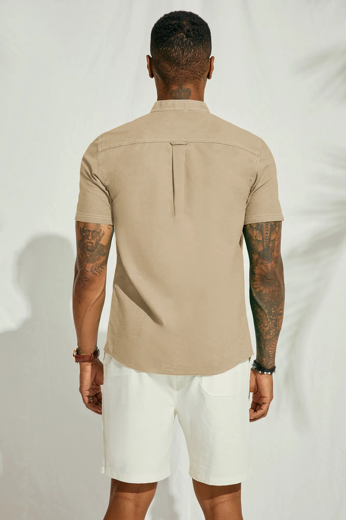 Mens Linen Henley Shirts Band Collar Short Sleeve Hippie Beach Shirts