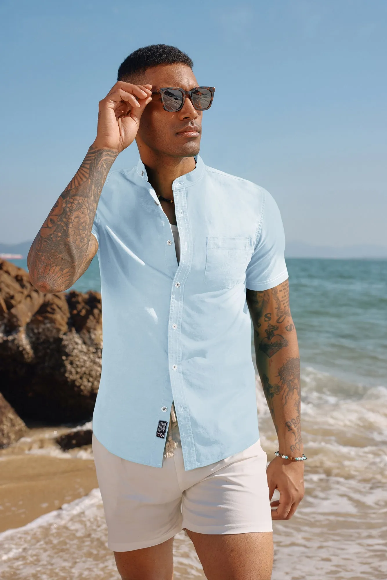 Mens Linen Henley Shirts Band Collar Short Sleeve Hippie Beach Shirts