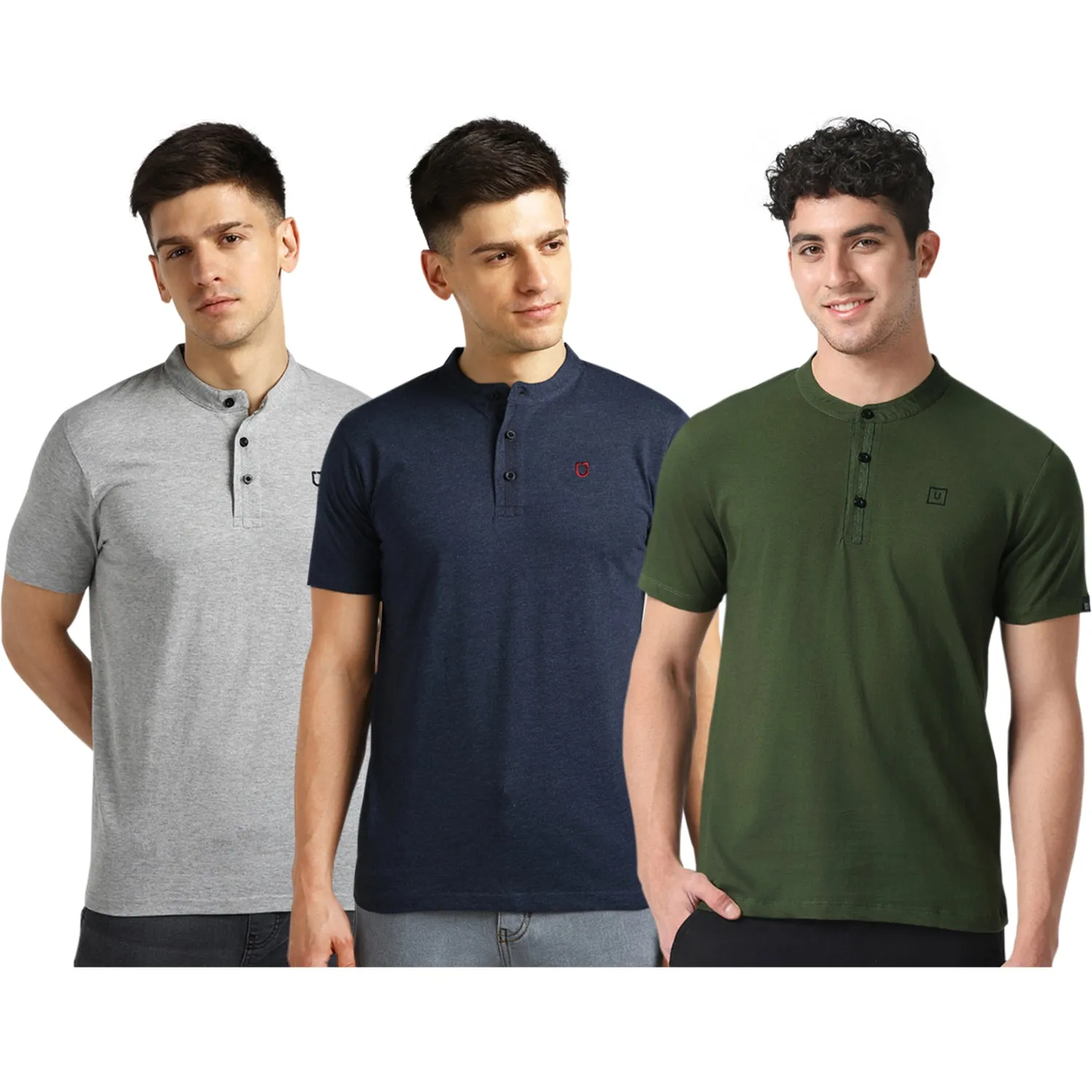 Men's Multicolor Solid Mandarin Collar Slim Fit Cotton T-Shirt Pack of 3