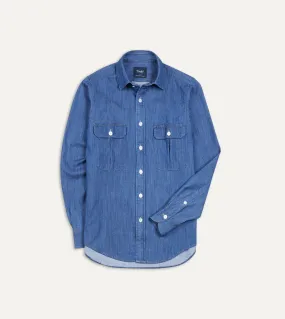 Mid-Blue Washed Denim Cotton Two-Pocket Work Shirt