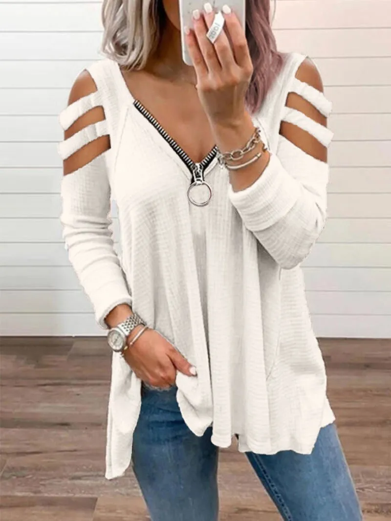 New style long-sleeved sexy low-cut zipper solid color shoulder strap long-sleeved T-shirt