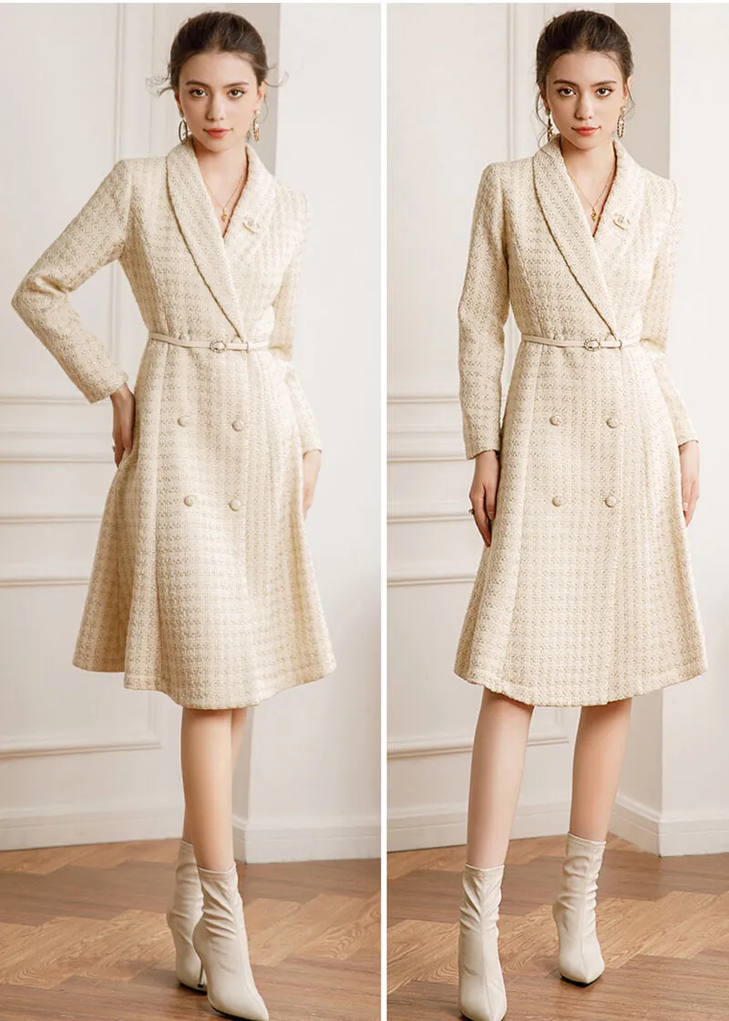 Tweed Double Breasted Belted Coat Dress