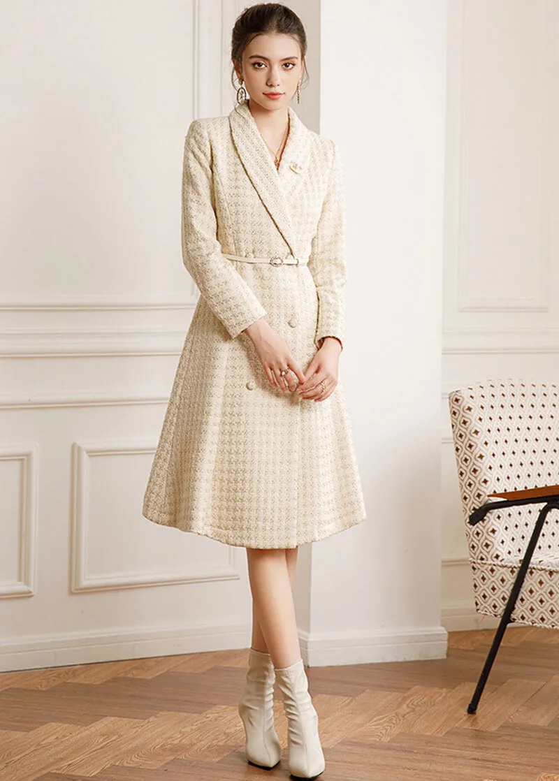 Tweed Double Breasted Belted Coat Dress