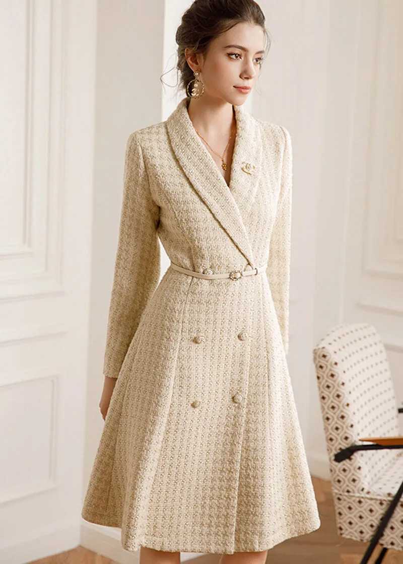 Tweed Double Breasted Belted Coat Dress