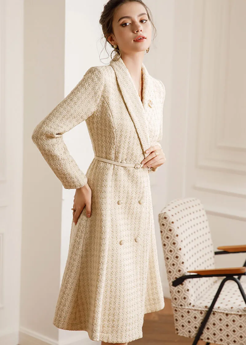 Tweed Double Breasted Belted Coat Dress