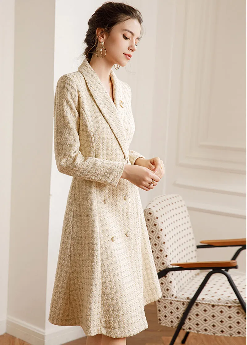 Tweed Double Breasted Belted Coat Dress