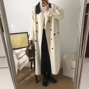 Women's Wool Long Coat,Color Contrast Long wool coat,Beige Long Wool Coat,Wheat Wool Coat,Blue Long Wool Coat,Wool Overcoat,Oversize Coat